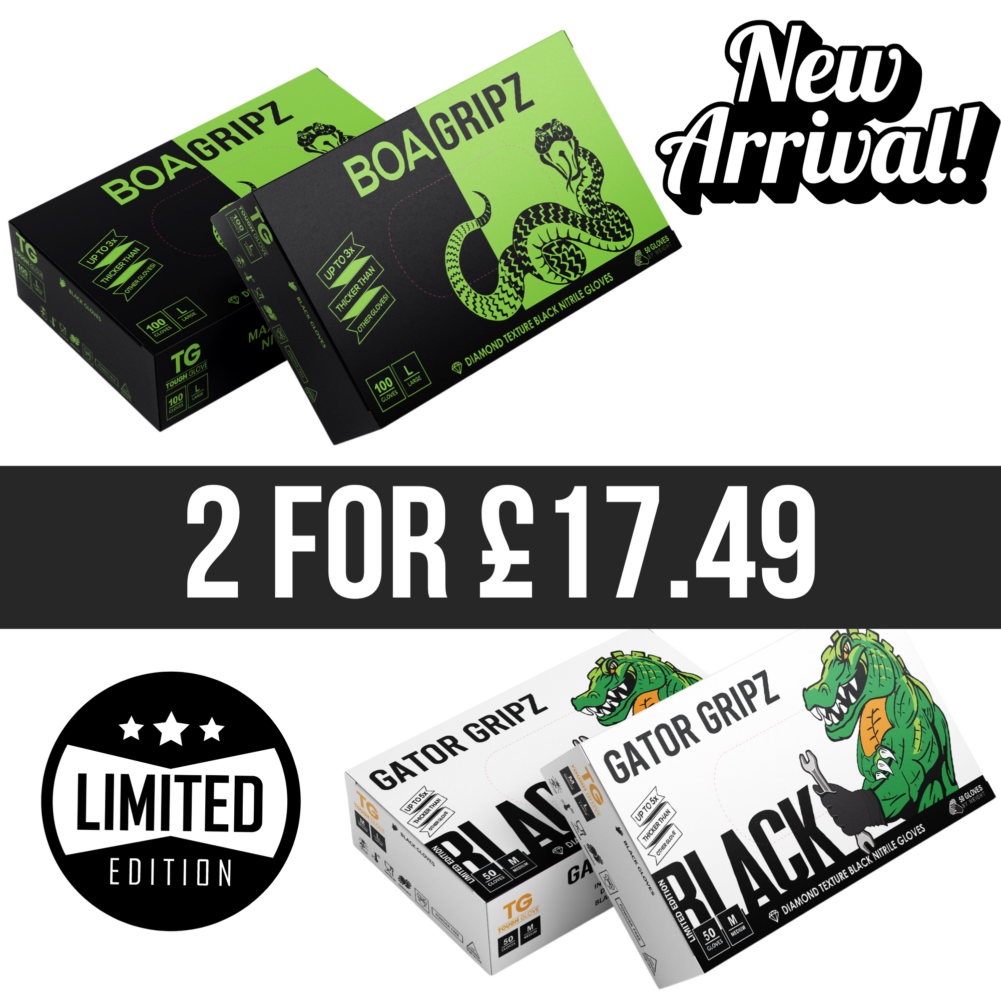 New Arrivals Bundle (100 Gloves) - 1 Box of Black Gator gripz (50 Gloves)+  1 Box of Boa Gripz (50 Gloves)