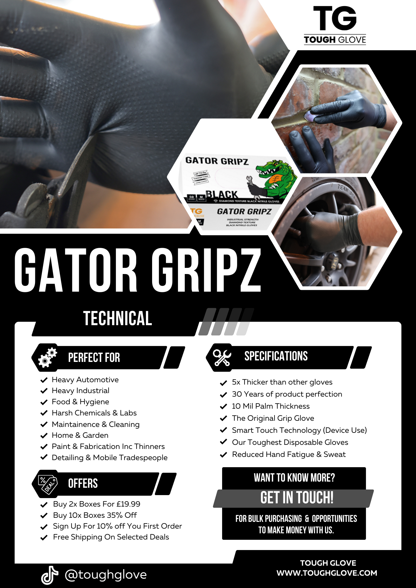 BLACK Gator Gripz - By Tough Glove -  Box OF 50